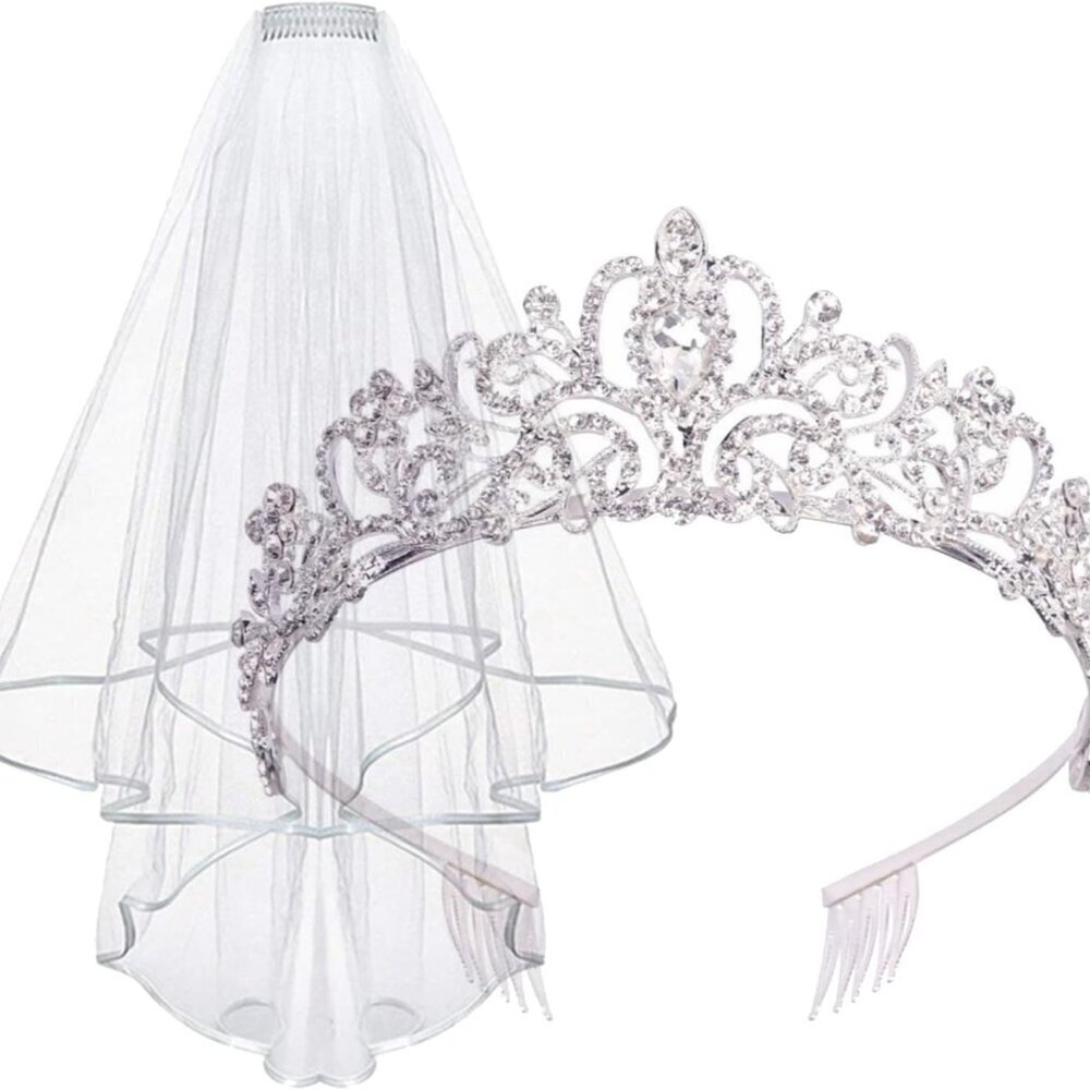 Bridal Tiara and Lace Veil Set Rhinestones Alloy Wedding Headpieces for Women